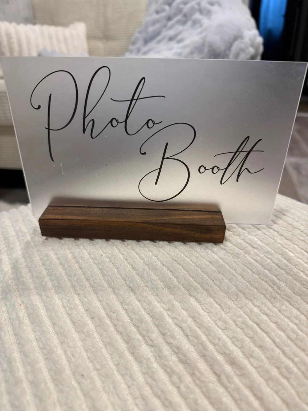 Frosted Acrylic Photo Booth Sign with Dark Walnut Wood Base Wedding Decor